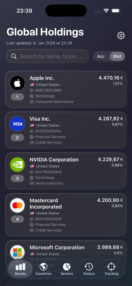 Portfolio value tracking with live prices