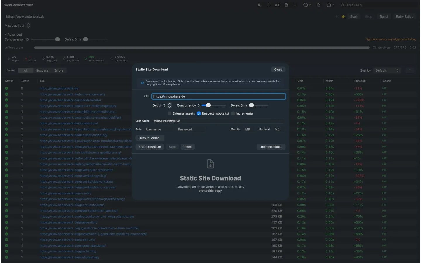 WebCacheWarmer static site download dialog