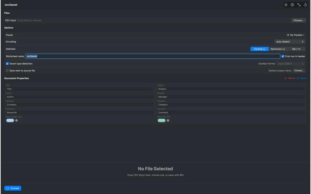 csv2excel in dark mode