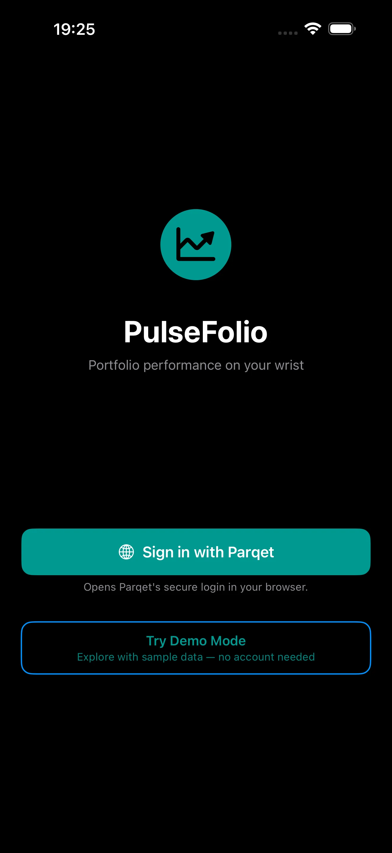 PulseFolio iOS welcome screen with Sign in with Parqet and Try Demo Mode buttons