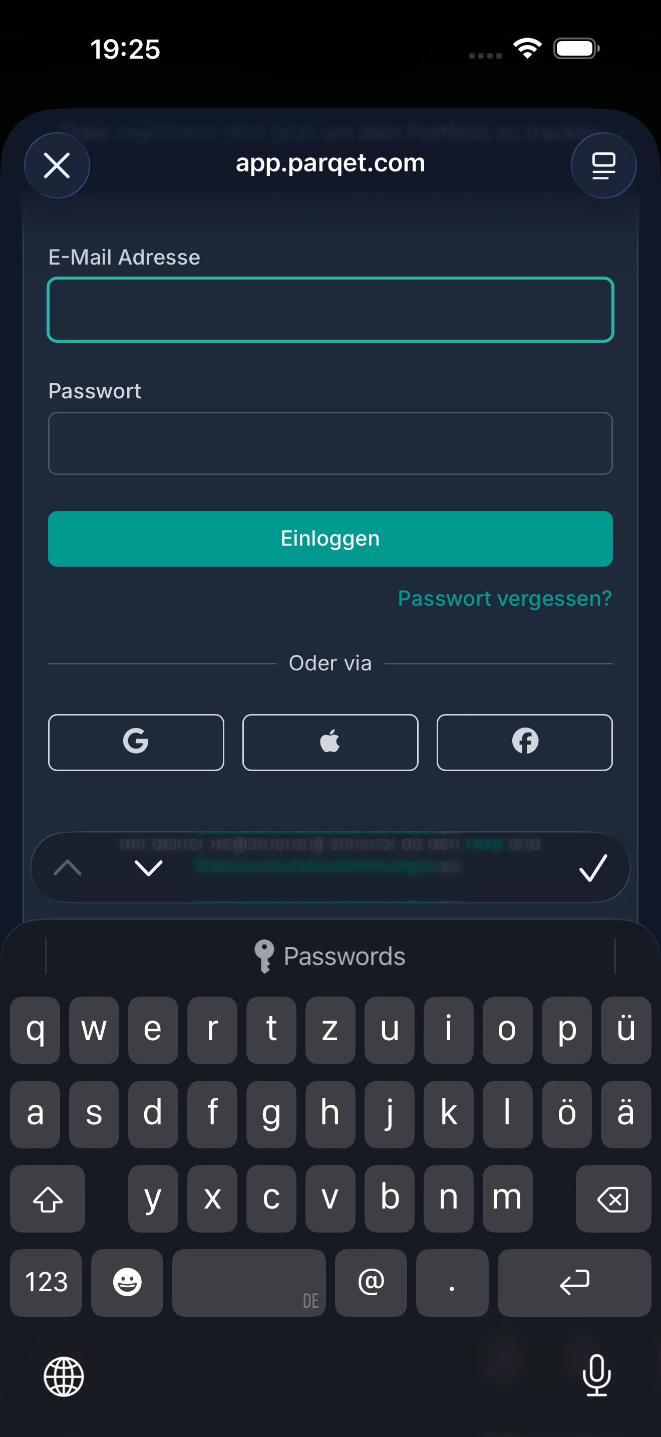 Parqet OAuth login page opened from the PulseFolio iOS app to securely connect a Parqet account
