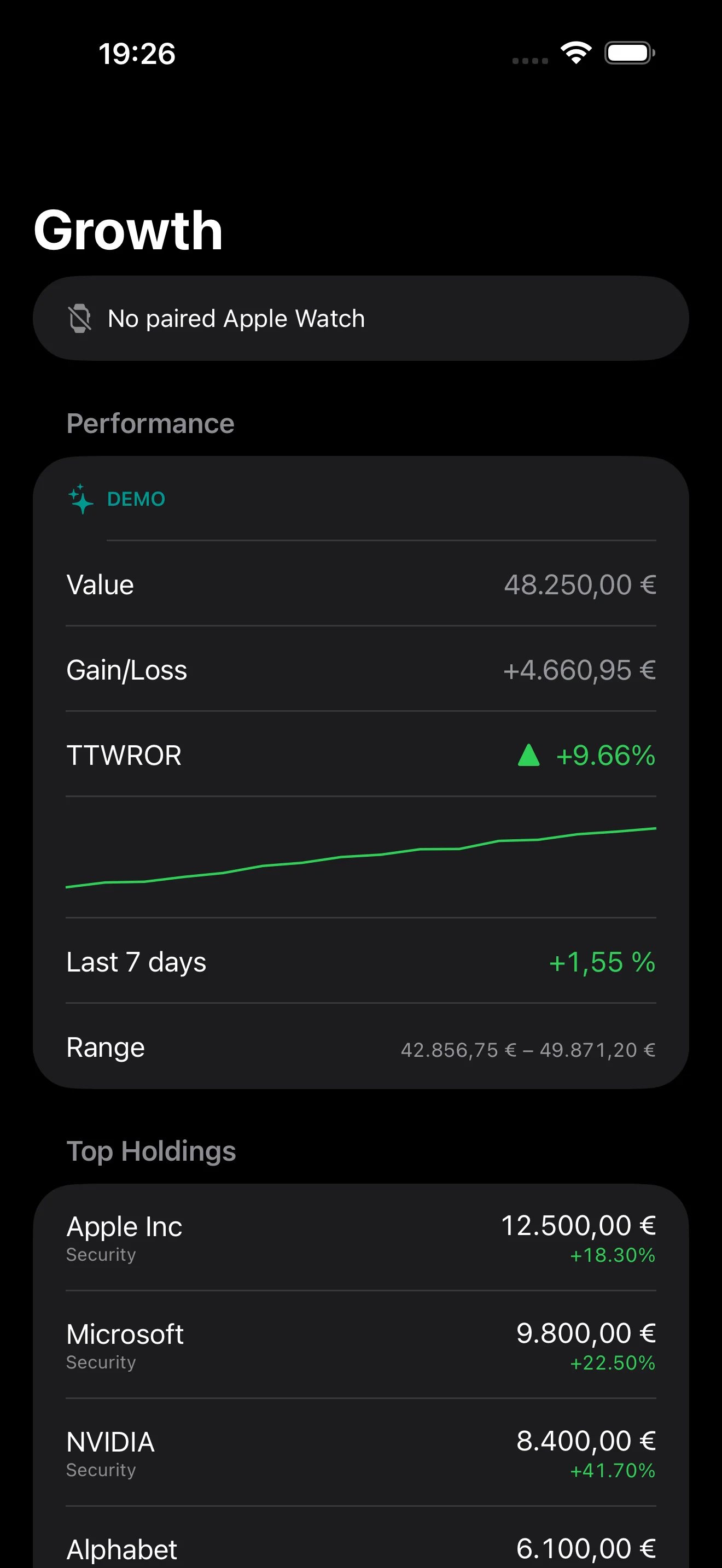 PulseFolio iOS portfolio dashboard showing TTWROR, value, gain, sparkline, and top holdings in demo mode