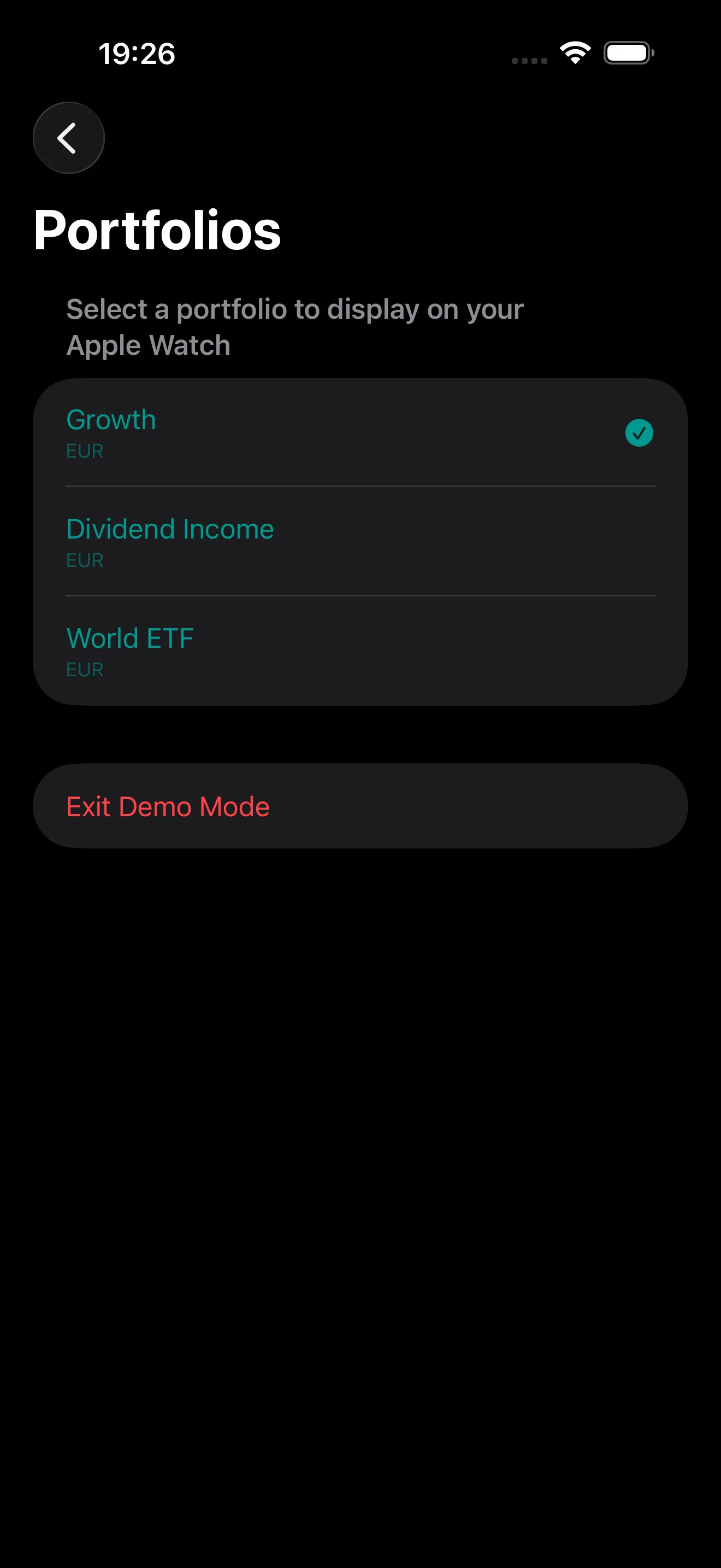 PulseFolio iOS portfolio picker with multiple demo portfolios and an Exit Demo Mode option