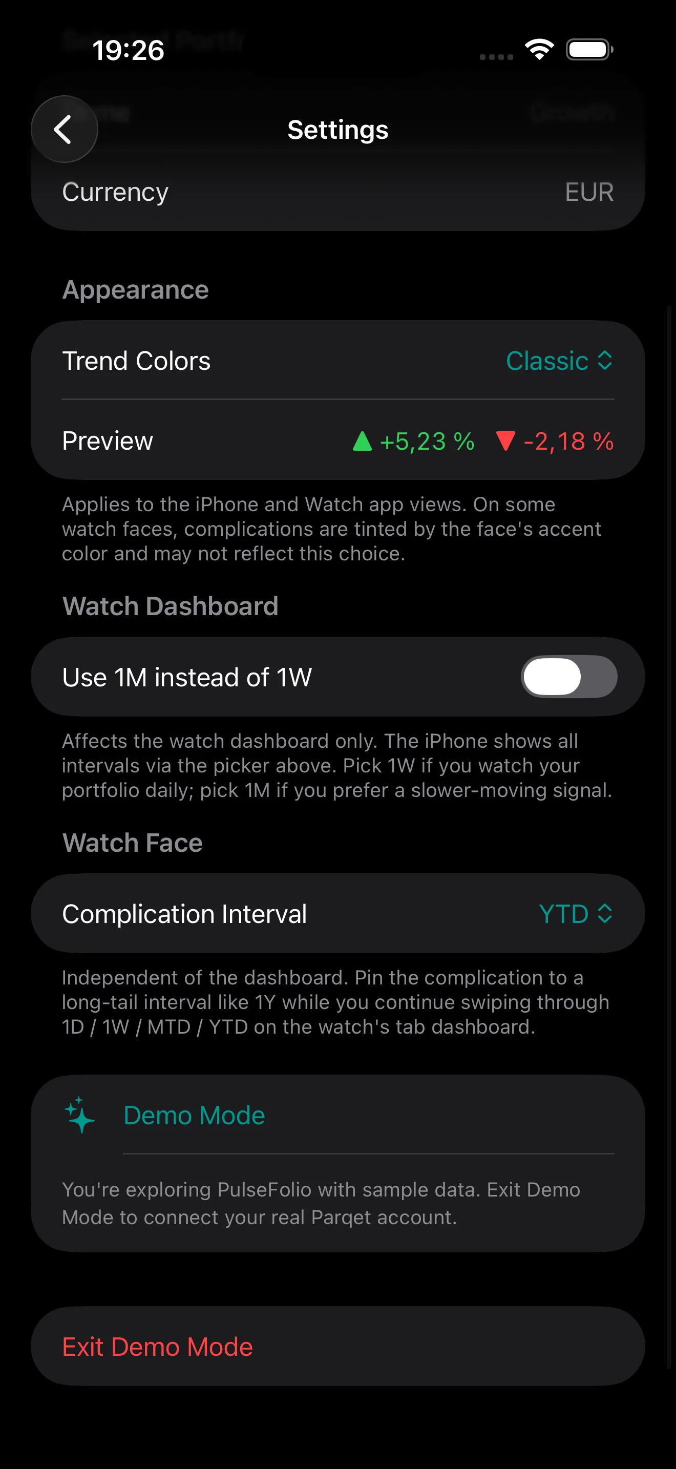 PulseFolio iOS settings screen scrolled to the Demo Mode section with an Exit Demo Mode button