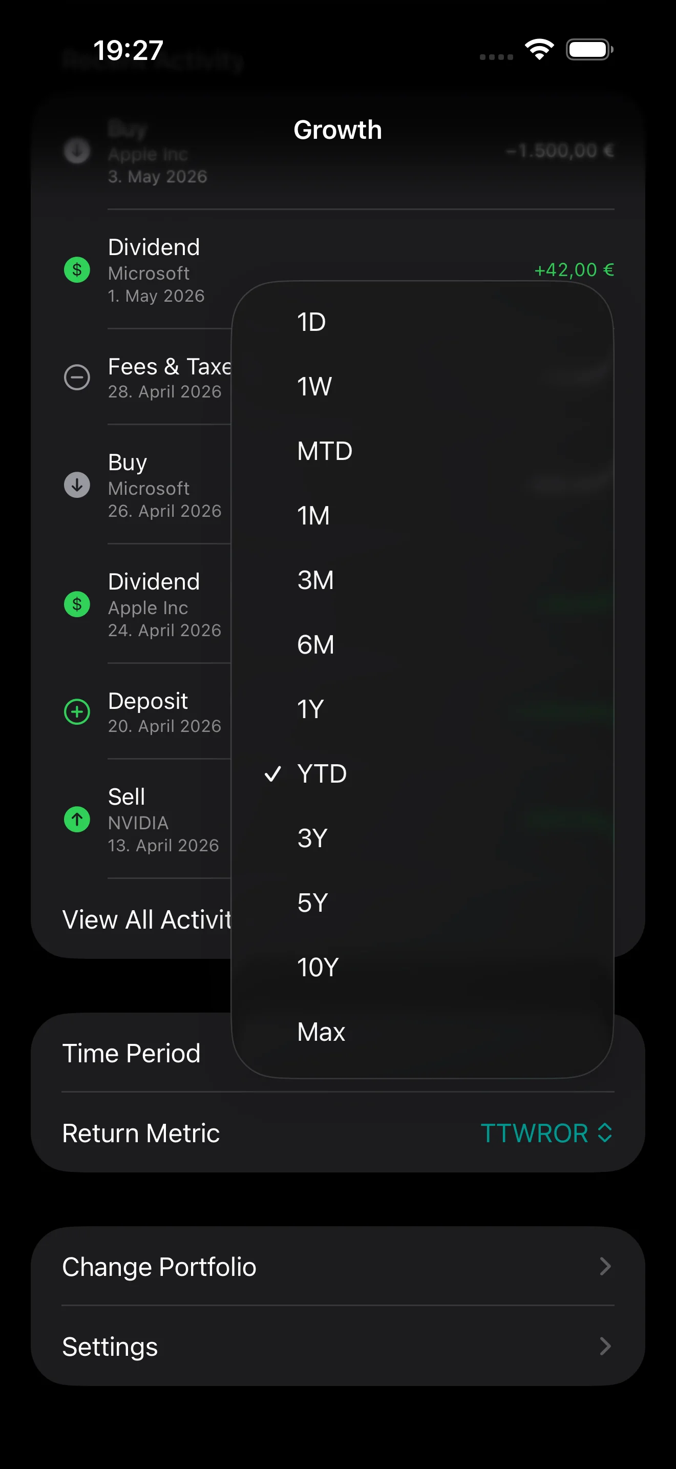PulseFolio iOS activity view with the time period picker open showing intervals from 1D to Max