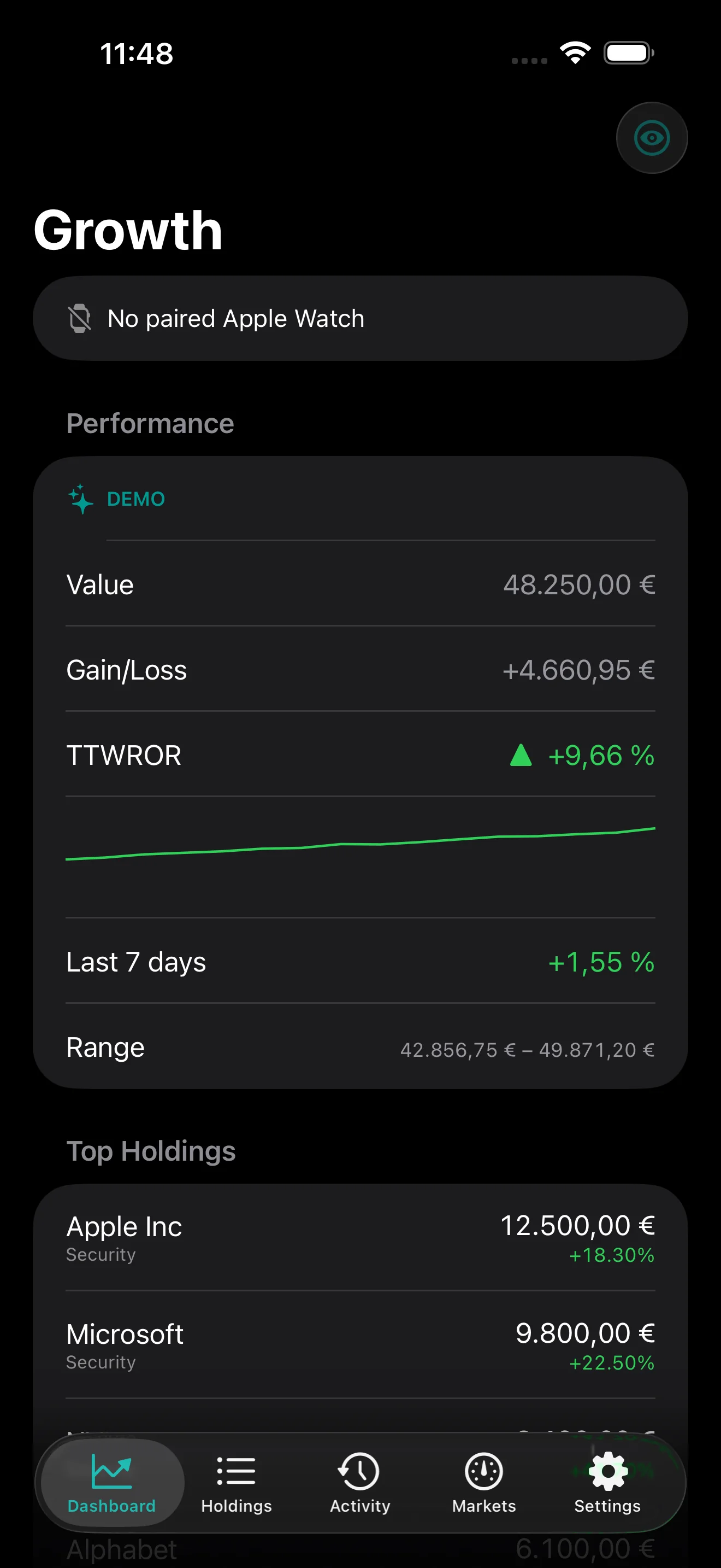 PulseFolio iOS Dashboard tab for the demo "Growth" portfolio with value, gain, TTWROR, sparkline, Last 7 days, range, and Top Holdings, with the new Markets entry in the tab bar