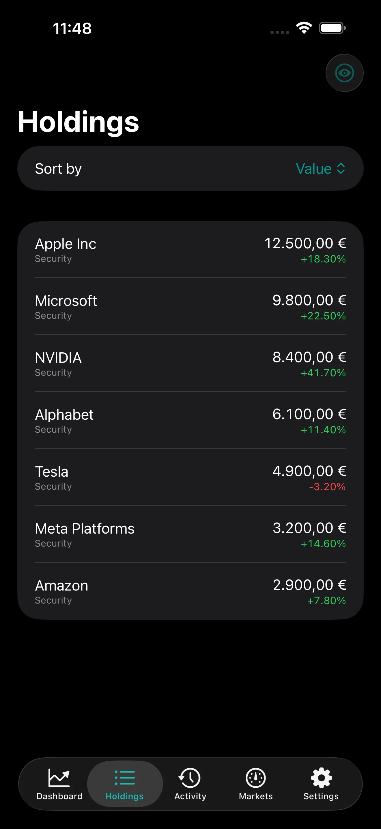 PulseFolio iOS Holdings tab showing a sortable list of stock positions with value and percent change