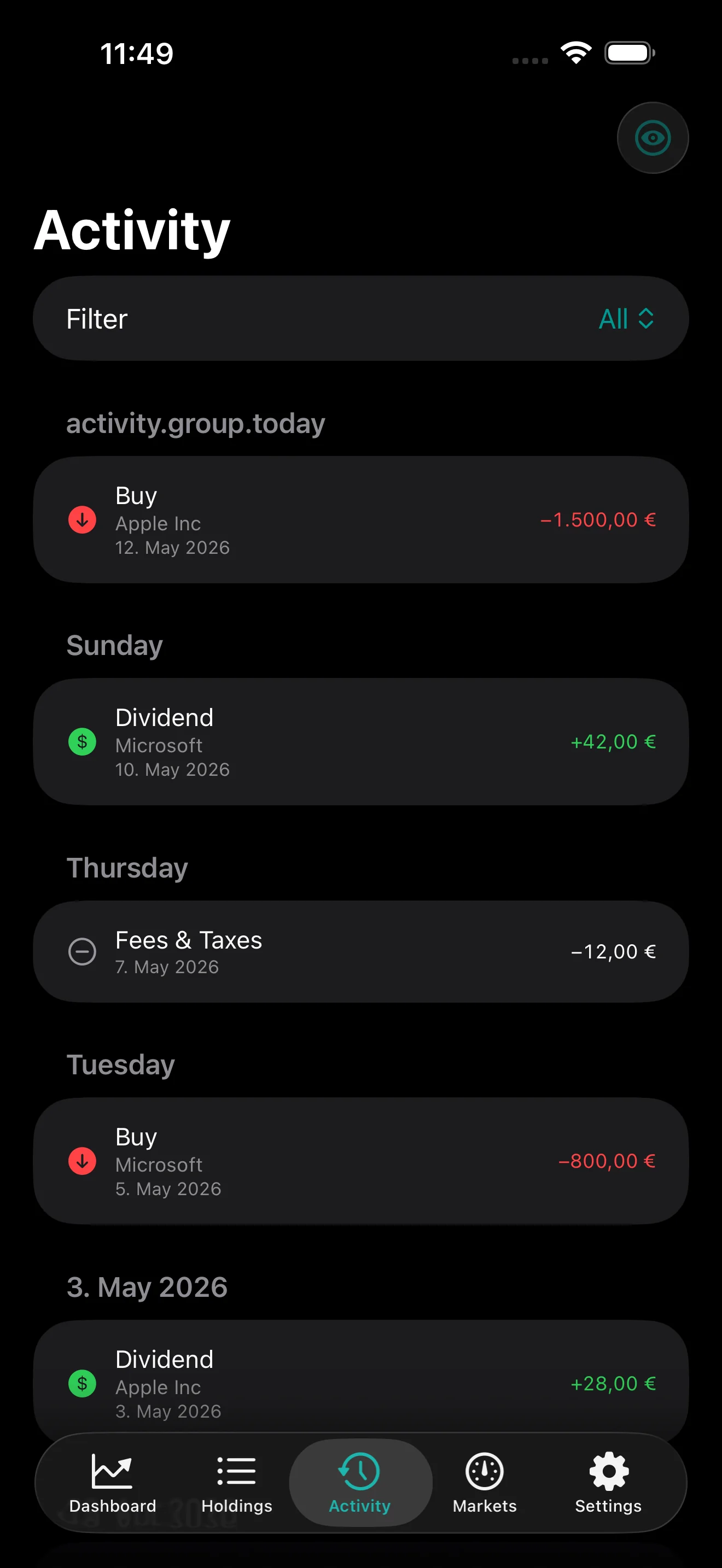 PulseFolio iOS Activity tab grouped by day showing Buy, Dividend, Fees & Taxes, and Sell entries with a Filter selector