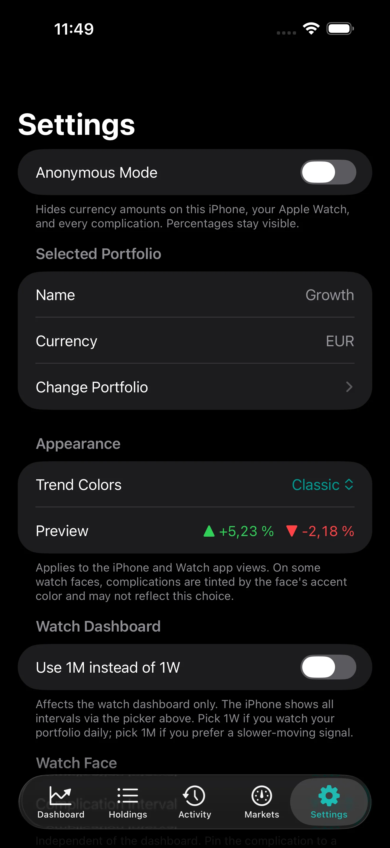 PulseFolio iOS Settings tab with Anonymous Mode toggle, selected portfolio details, Trend Colors with live preview, and Watch Dashboard interval option