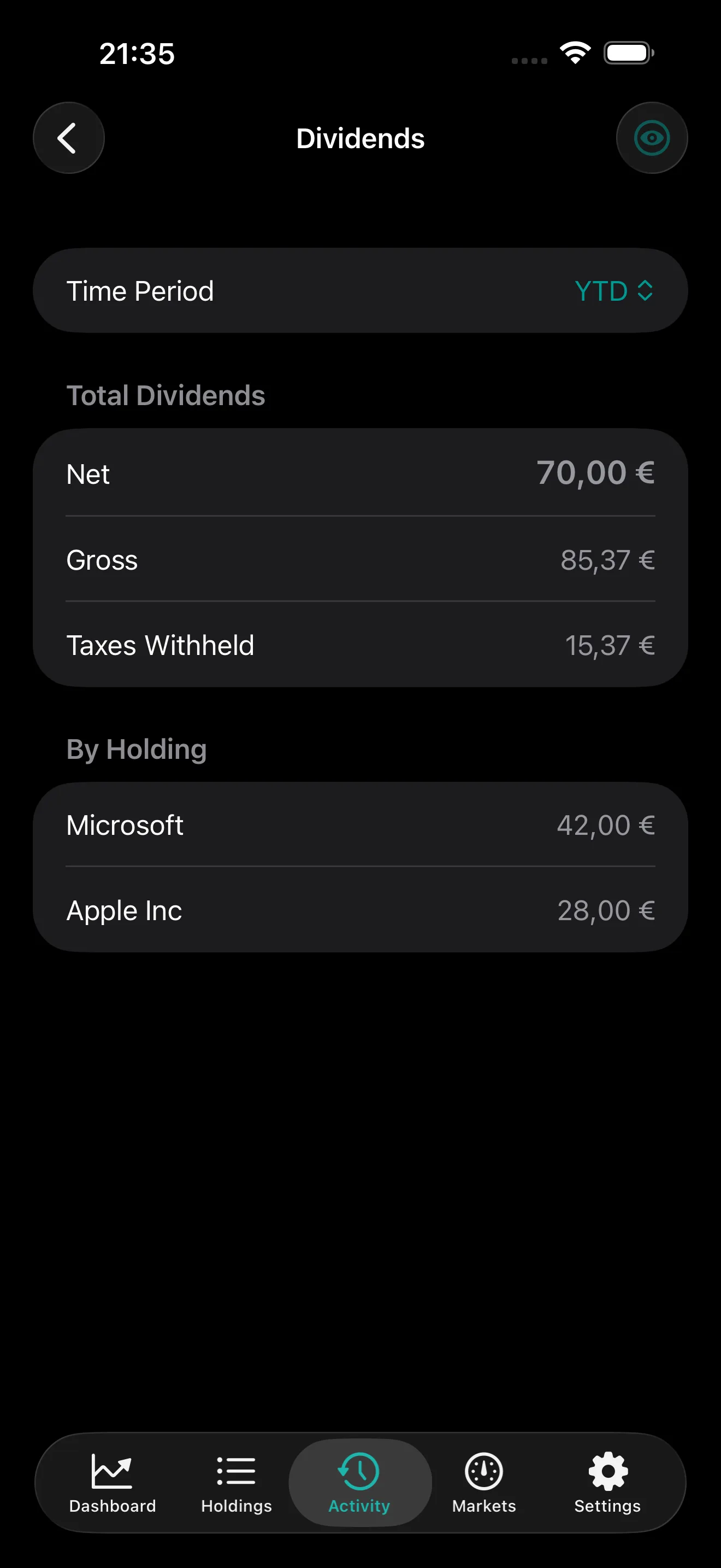 PulseFolio iOS Dividends screen showing total net, gross, and taxes withheld for the year to date plus a per-holding breakdown