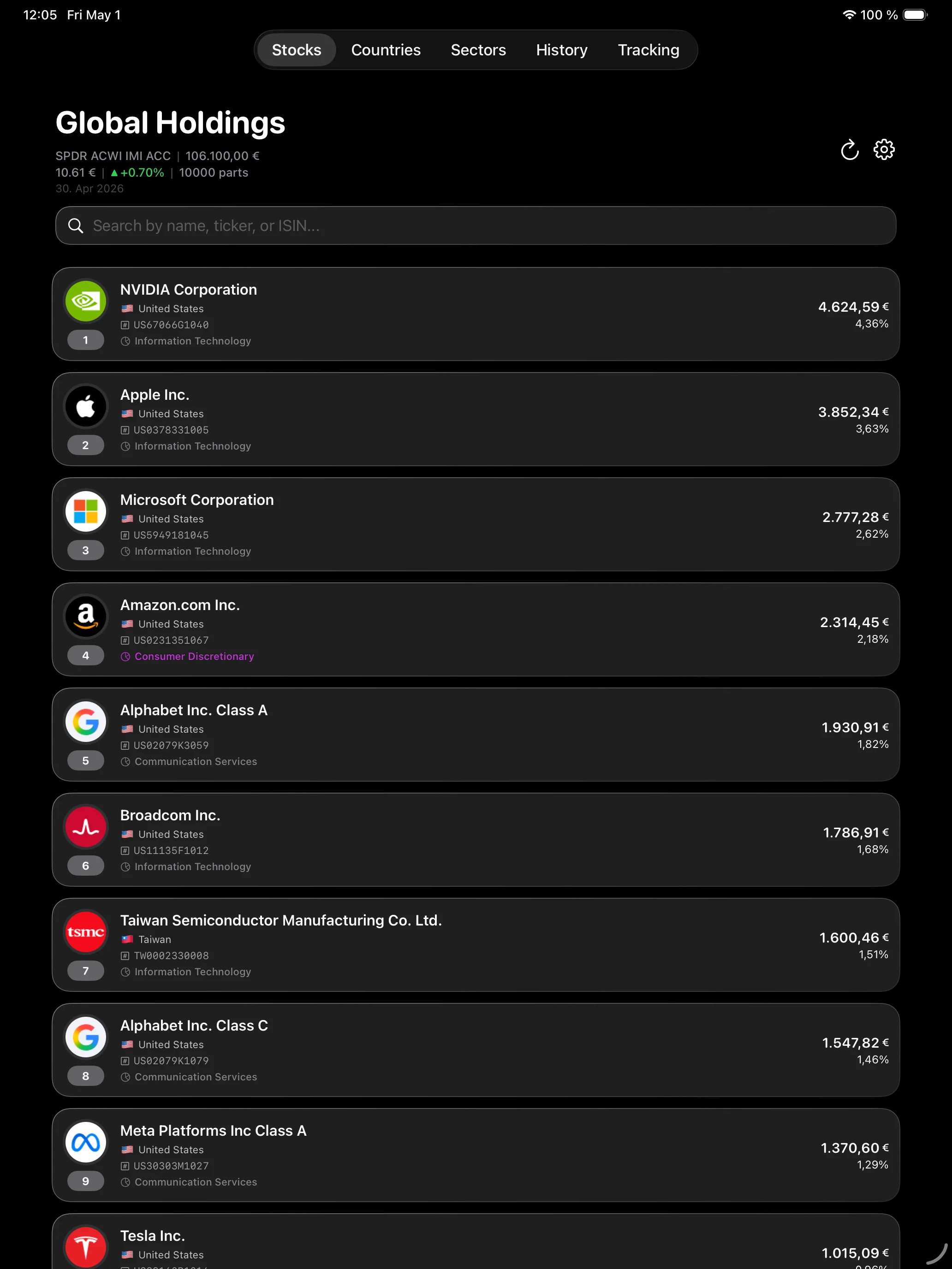 iPad globale Bestandsliste mit Portfolio-Werten