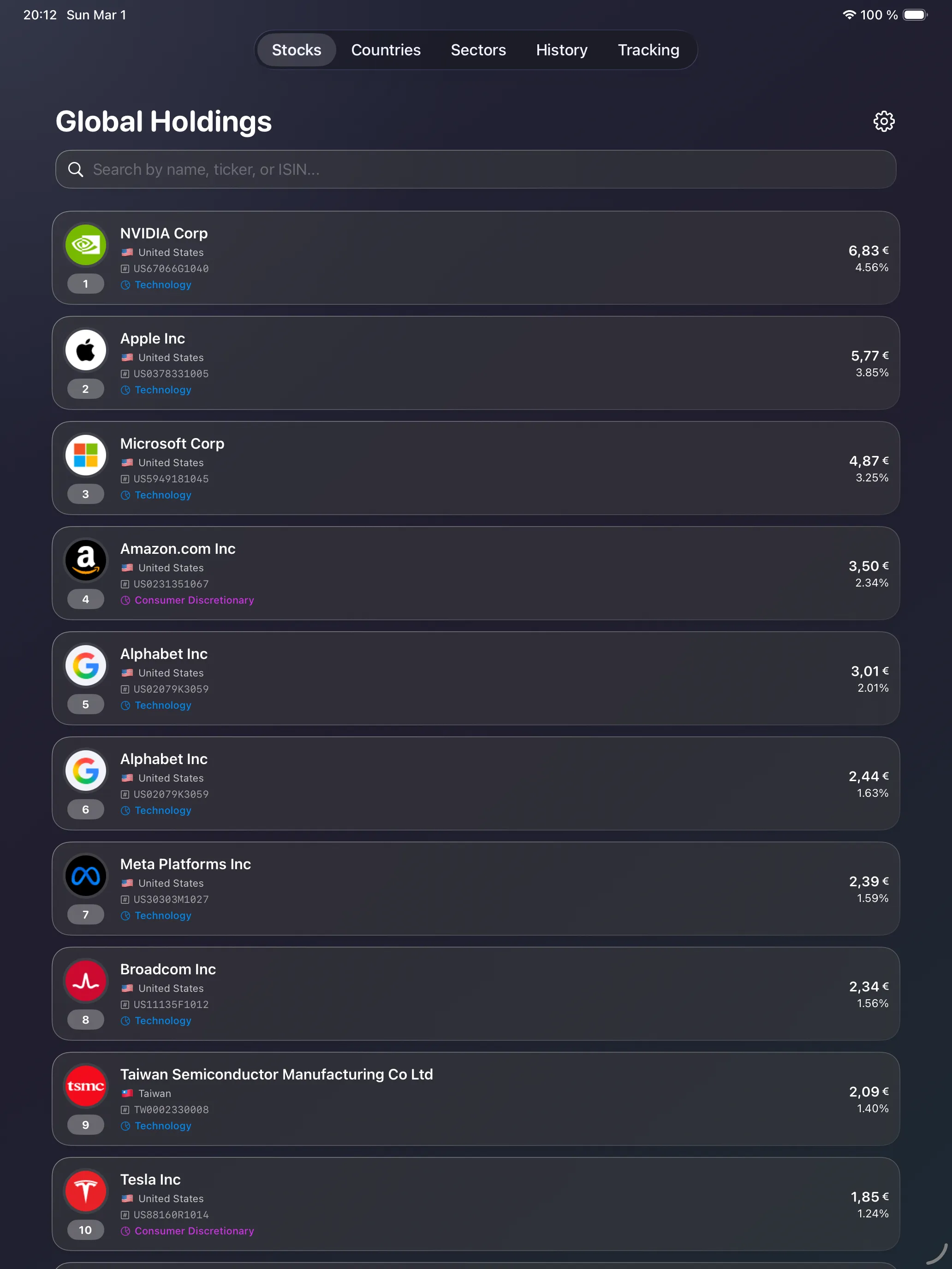 iPad global holdings list with stock search