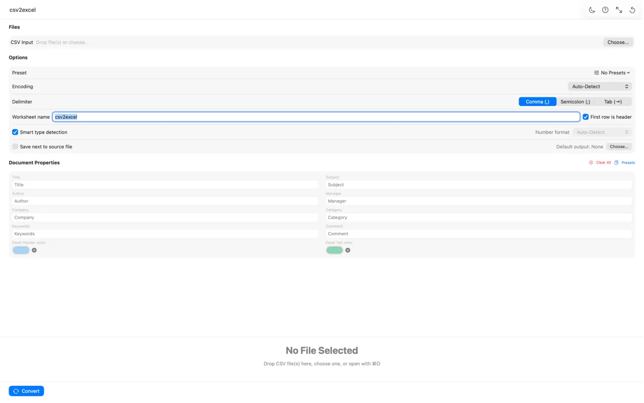 csv2excel in light mode