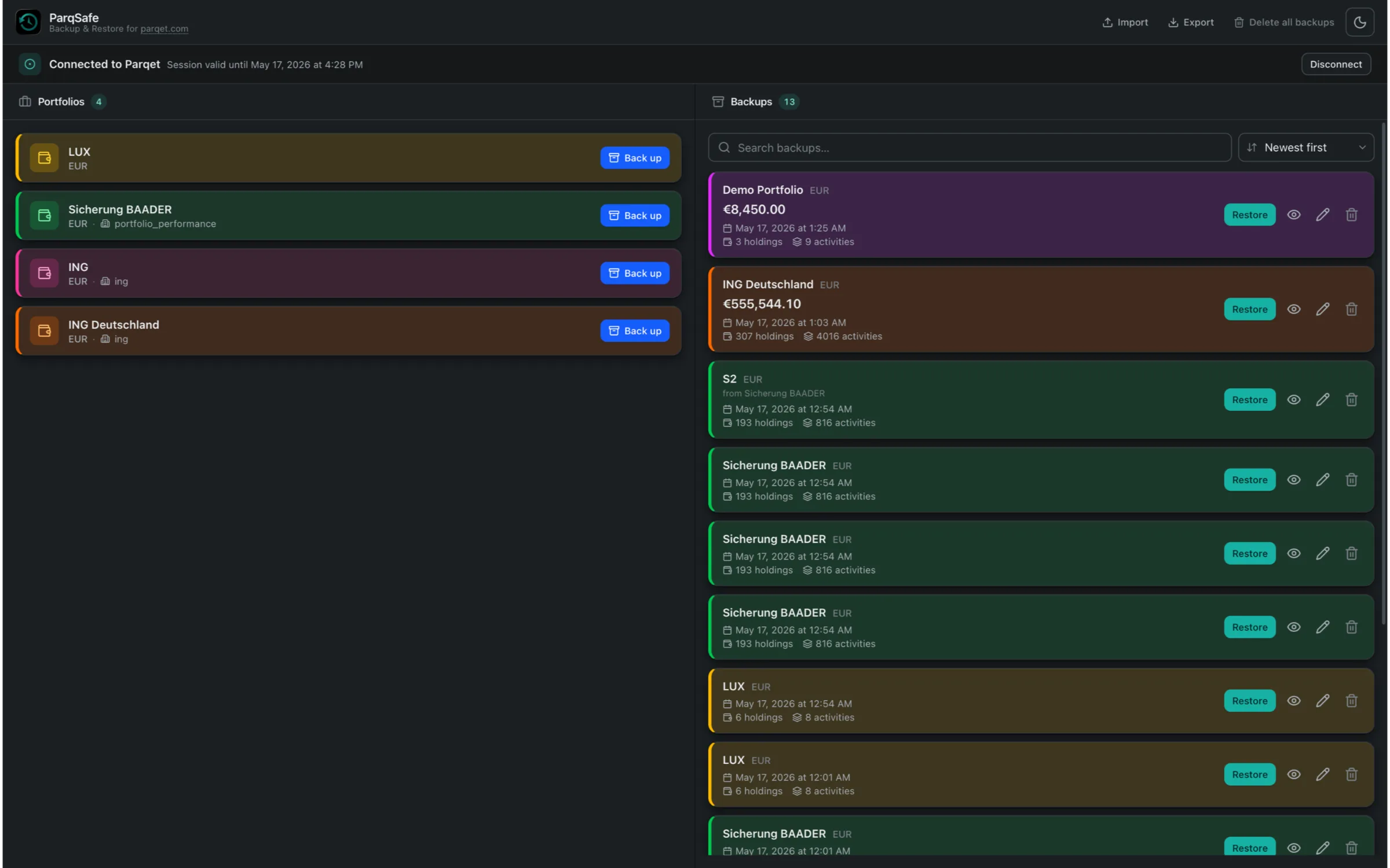 ParqSafe on macOS in dark mode — connected to Parqet, with portfolios listed on the left and timestamped backups on the right