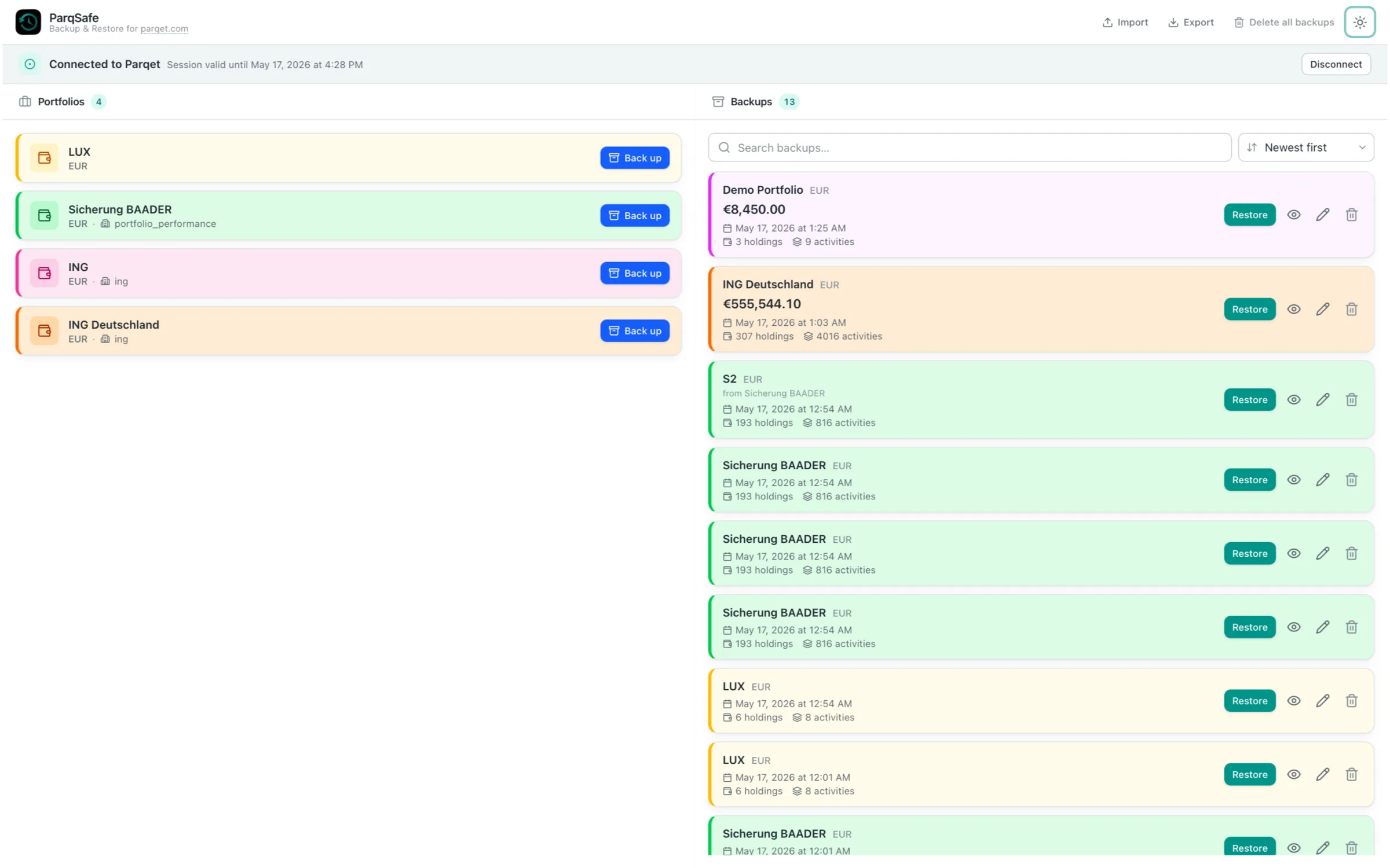 ParqSafe on macOS in light mode — connected to Parqet, with portfolios listed on the left and timestamped backups on the right