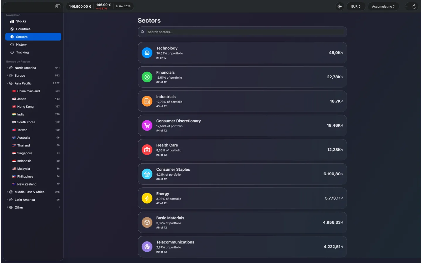 macOS app with sector analysis and portfolio distribution