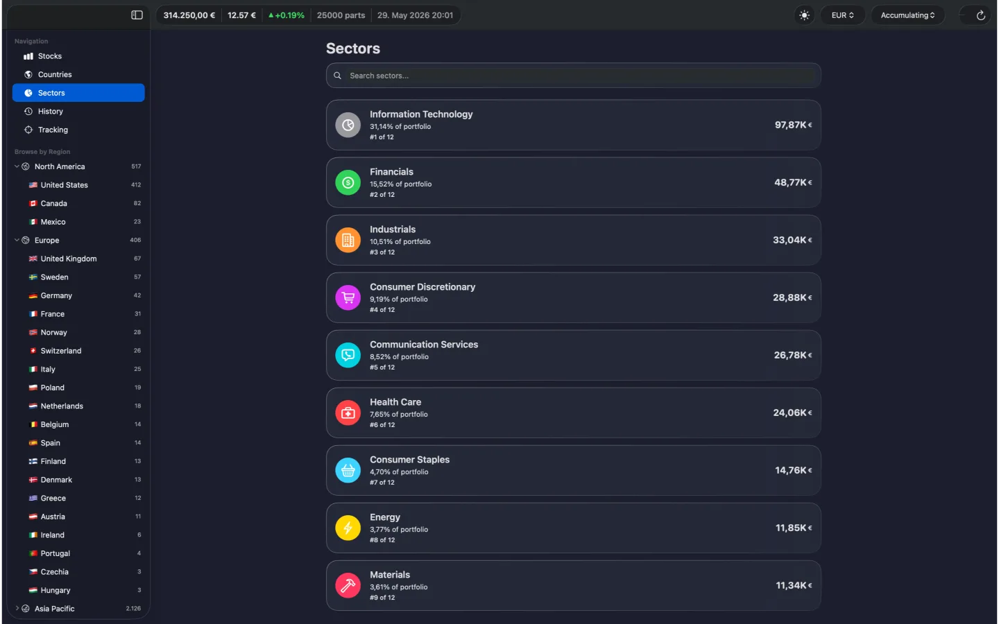 macOS app with sector analysis and portfolio distribution