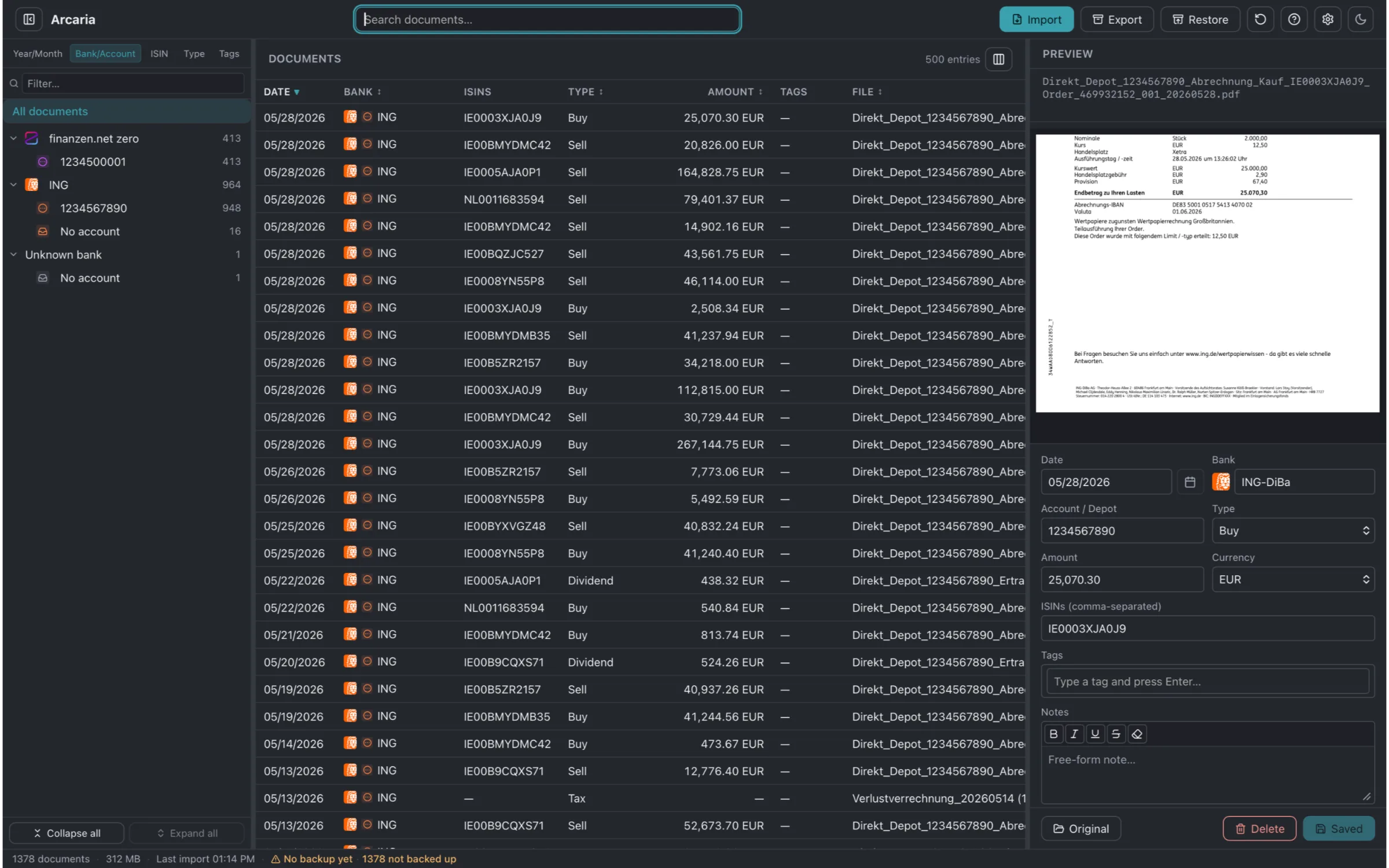 Arcaria on macOS in dark mode — a bank statement PDF shown beside its automatically extracted details