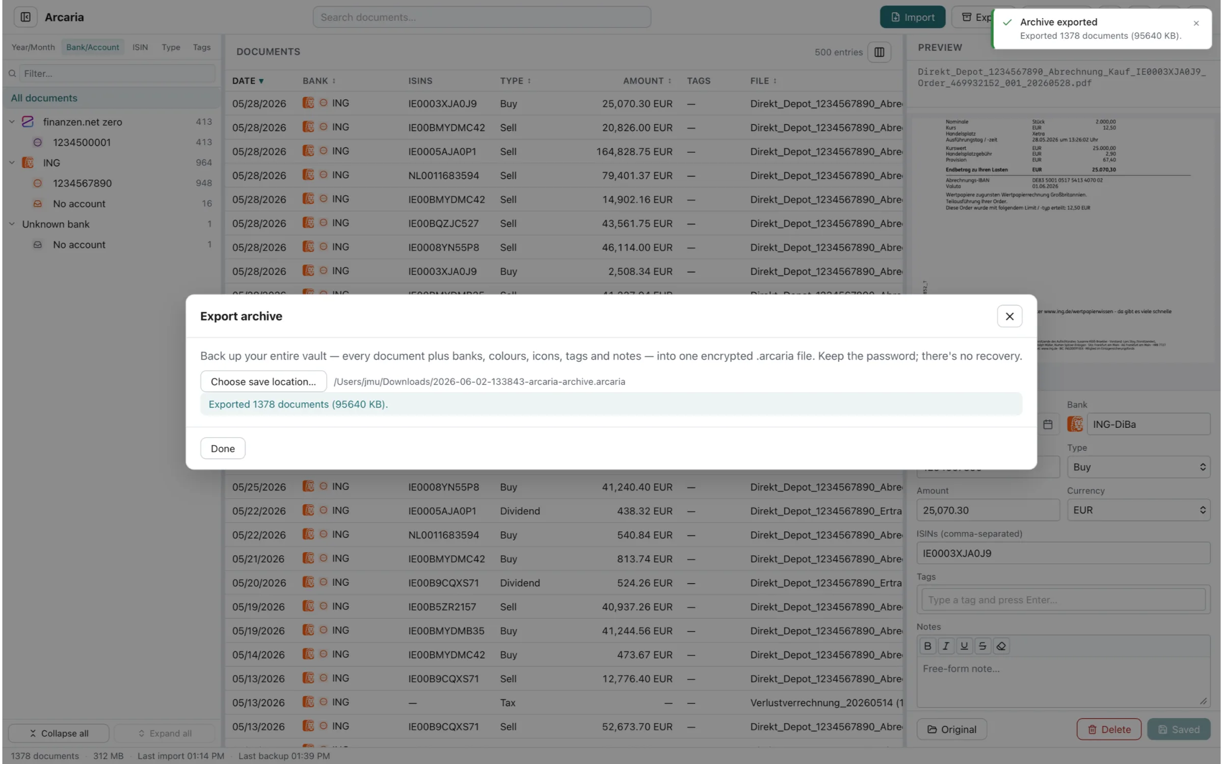 Arcaria on macOS in light mode — the document list with an encrypted archive backup being created