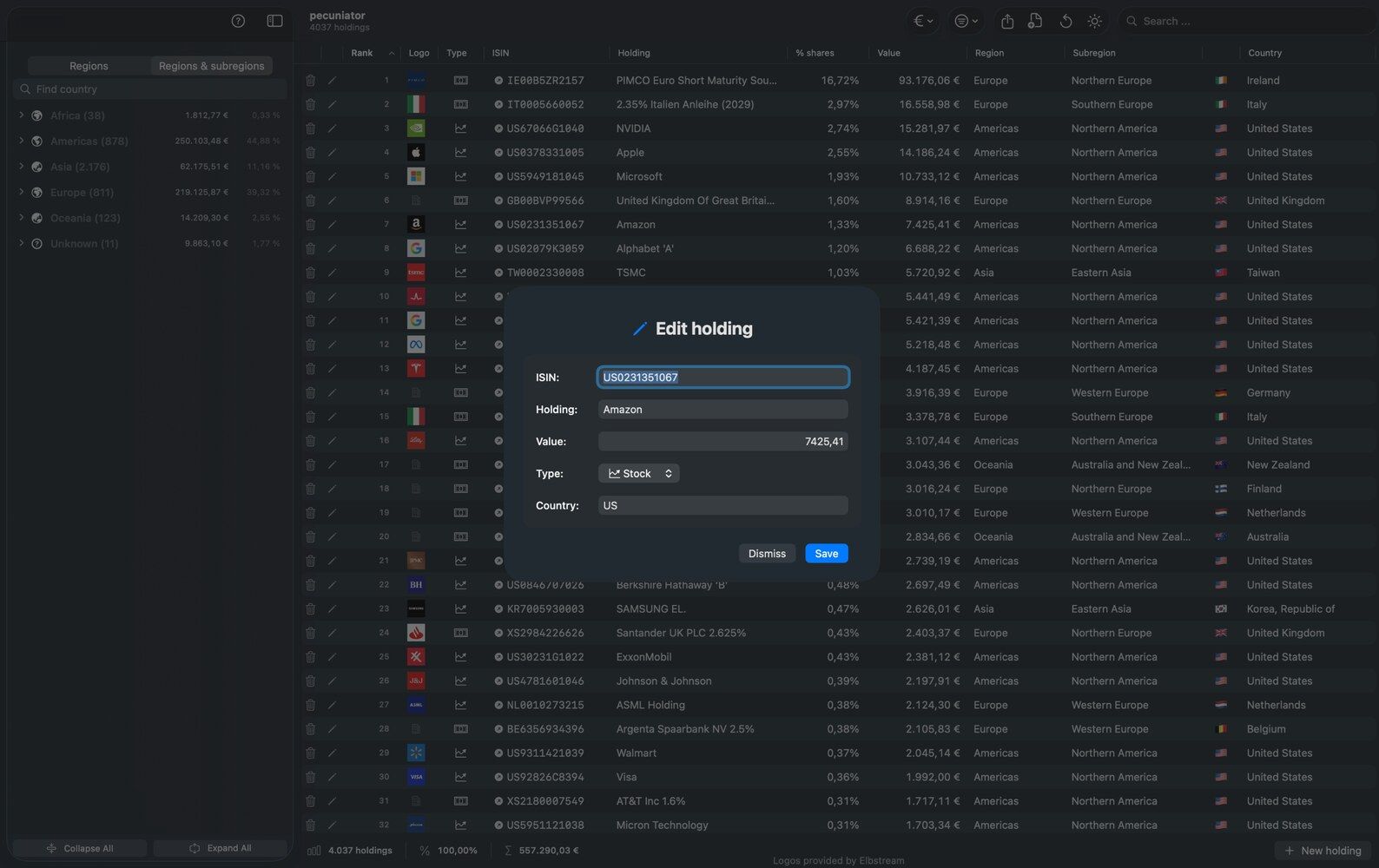 Pecuniator on macOS — Resizable Edit Holding dialog with ISIN, Type, and Country