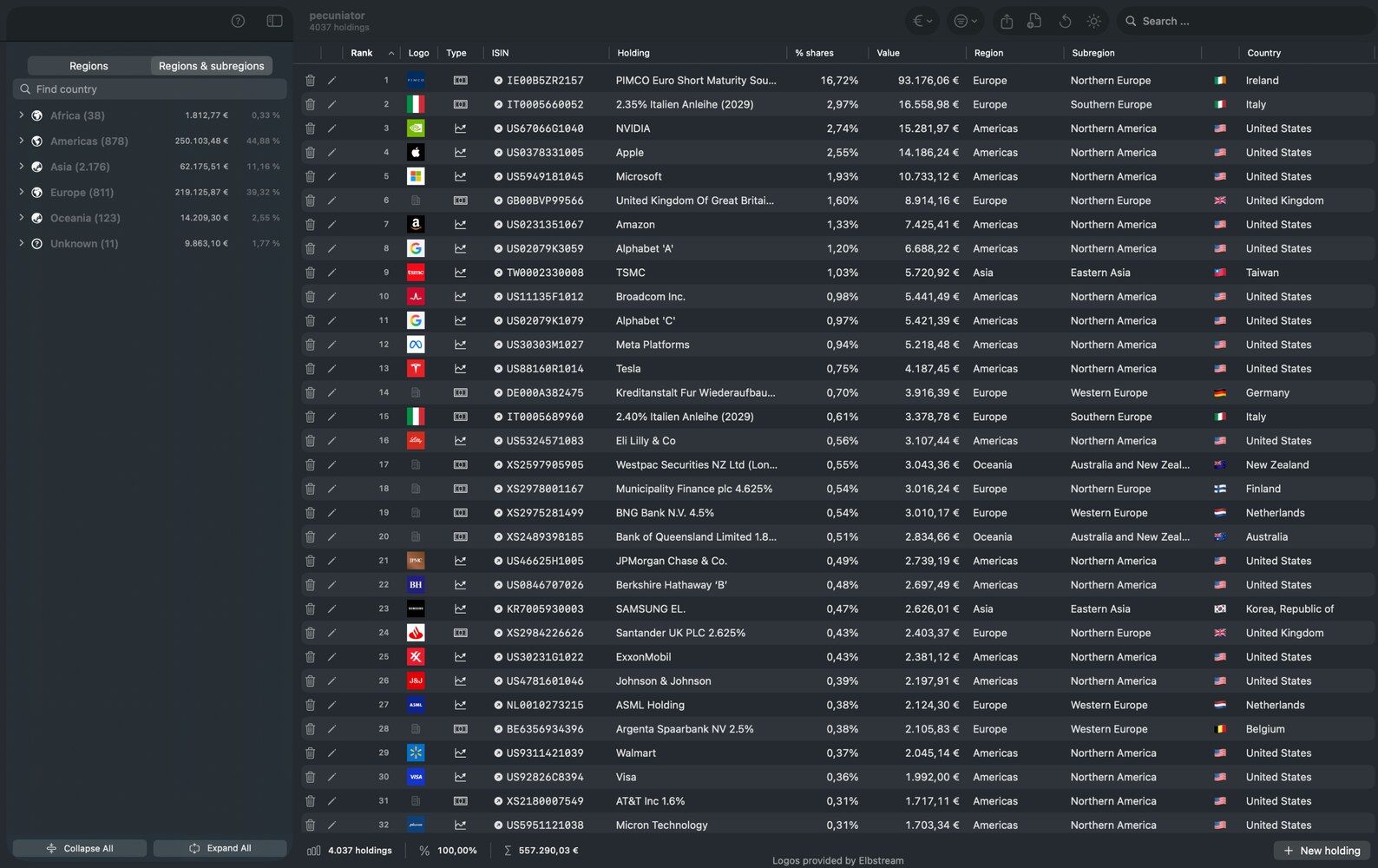 Pecuniator on macOS — Holdings overview with values, regions, and subregions