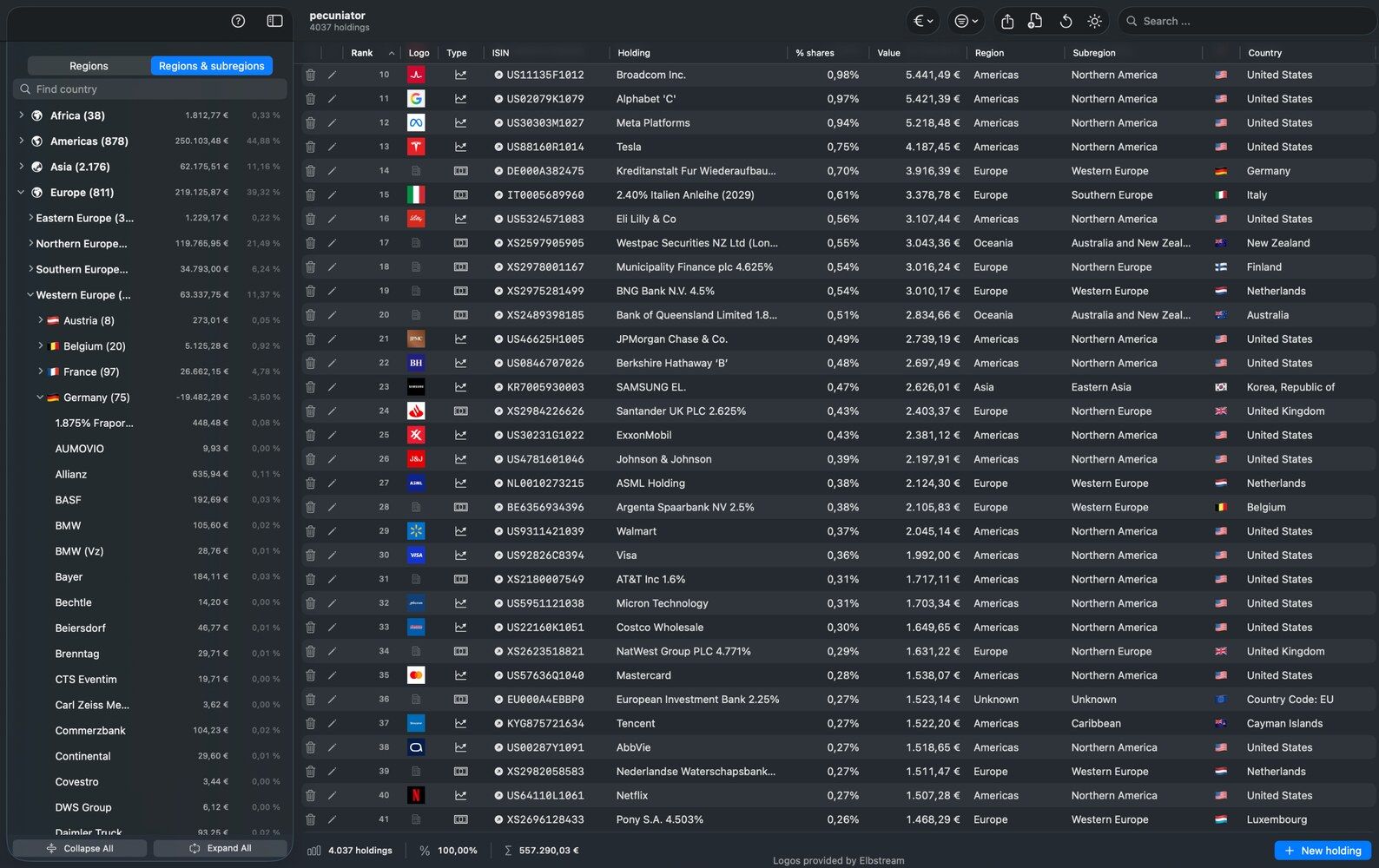 Pecuniator on macOS — Holdings with Regions sidebar, logos, and Type column