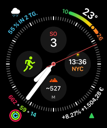 Apple Watch face with a PulseFolio corner complication showing portfolio return and gain