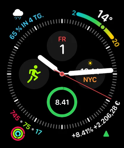 Complication PulseFolio sur un cadran d’Apple Watch affichant le rendement du portefeuille