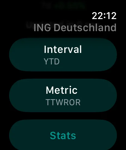 Application PulseFolio Watch affichant la configuration de l’intervalle, de la métrique et des statistiques