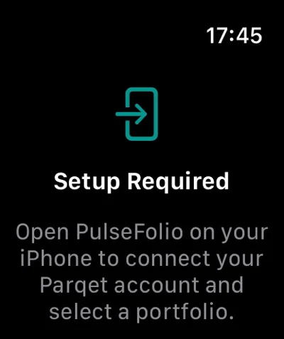 PulseFolio Apple Watch setup screen prompting to connect a Parqet account via the iOS companion app