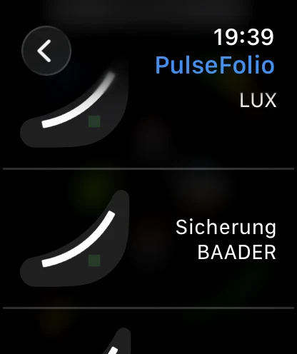 PulseFolio Smart Stack widgets on Apple Watch showing two portfolios stacked together