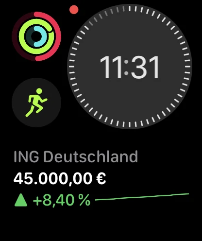 Apple Watch rectangular watch face with a PulseFolio Rectangular complication showing a portfolio name, value, percentage return, and a sparkline