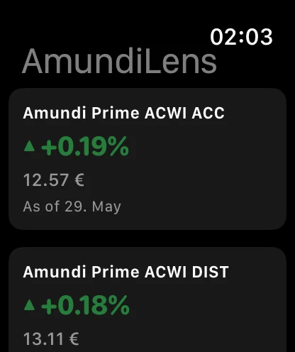 Apple Watch app showing ETF151 and ETF150 performance
