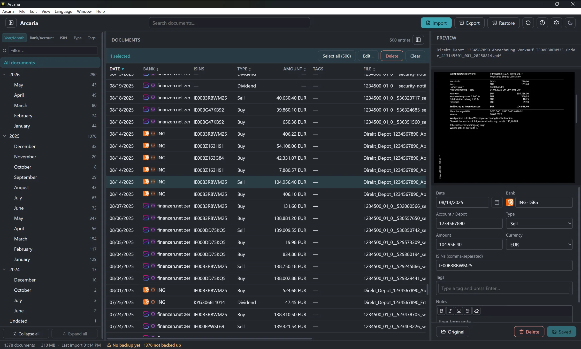 Arcaria on Windows in dark mode — documents grouped by year and month with a PDF preview and detail panel