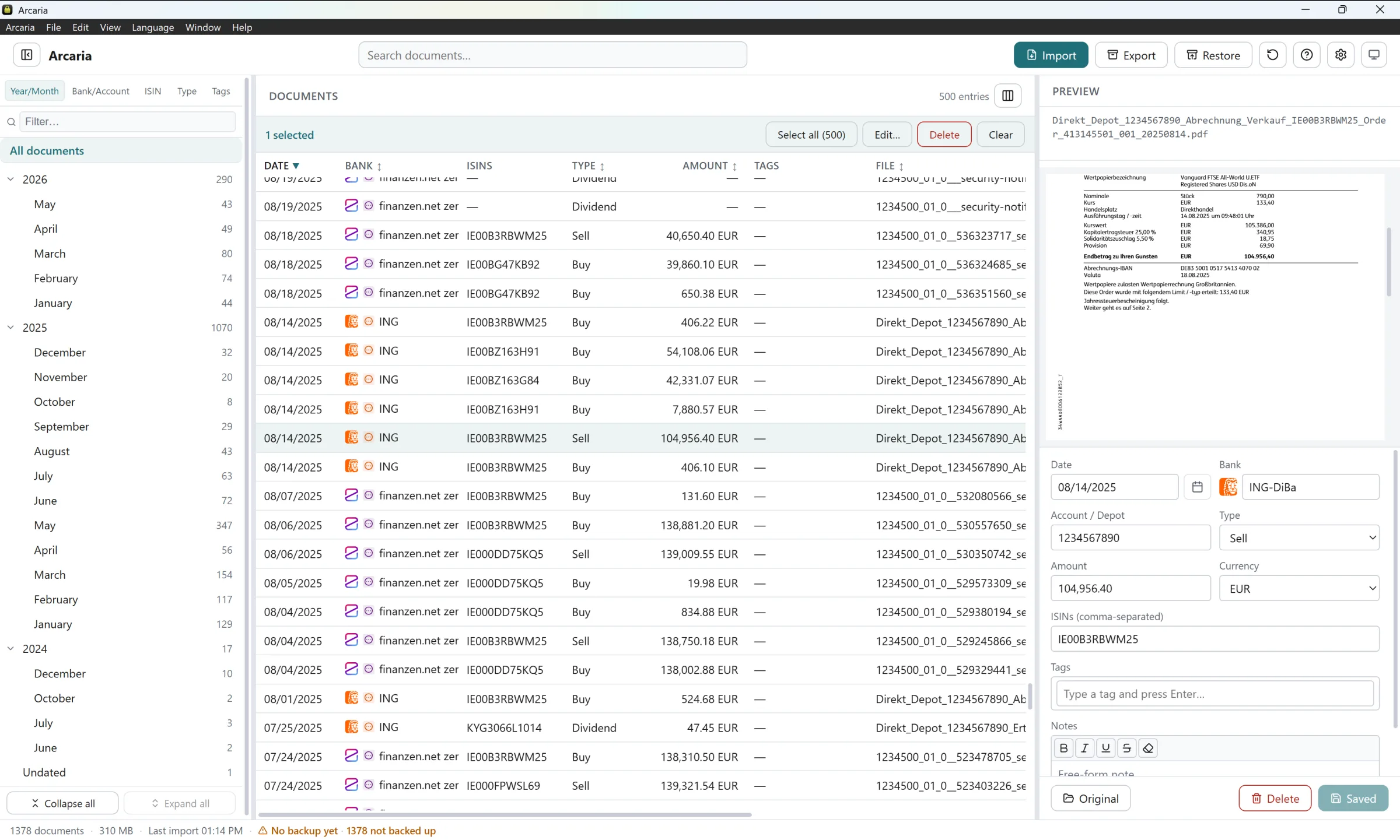 Arcaria on Windows in light mode — documents grouped by year and month with a PDF preview and detail panel