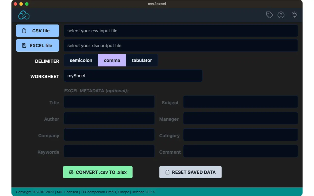 csv2excel in dark mode