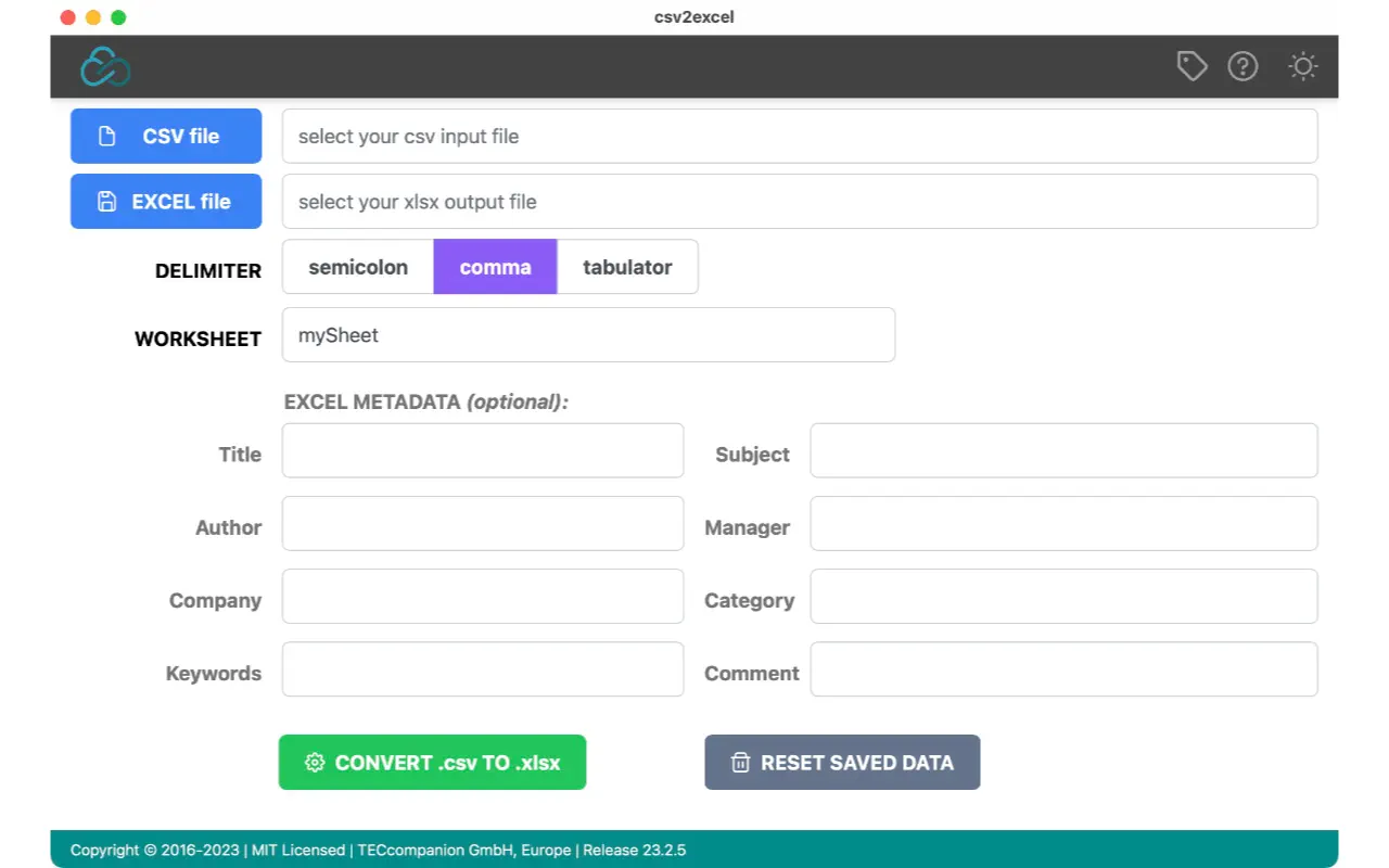 csv2excel in light mode