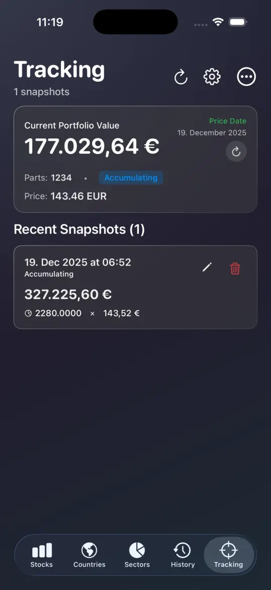 Portfolio value tracking with snapshots