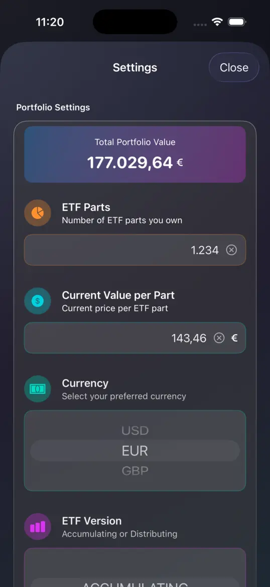 Settings with currency and ETF version selection