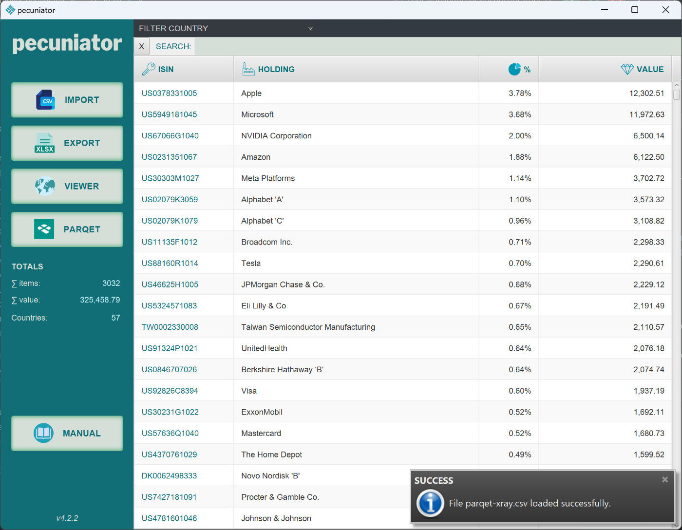 Pecuniator on Windows — After loading a CSV file