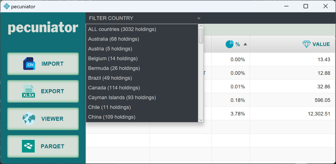 Pecuniator on Windows — Country filter