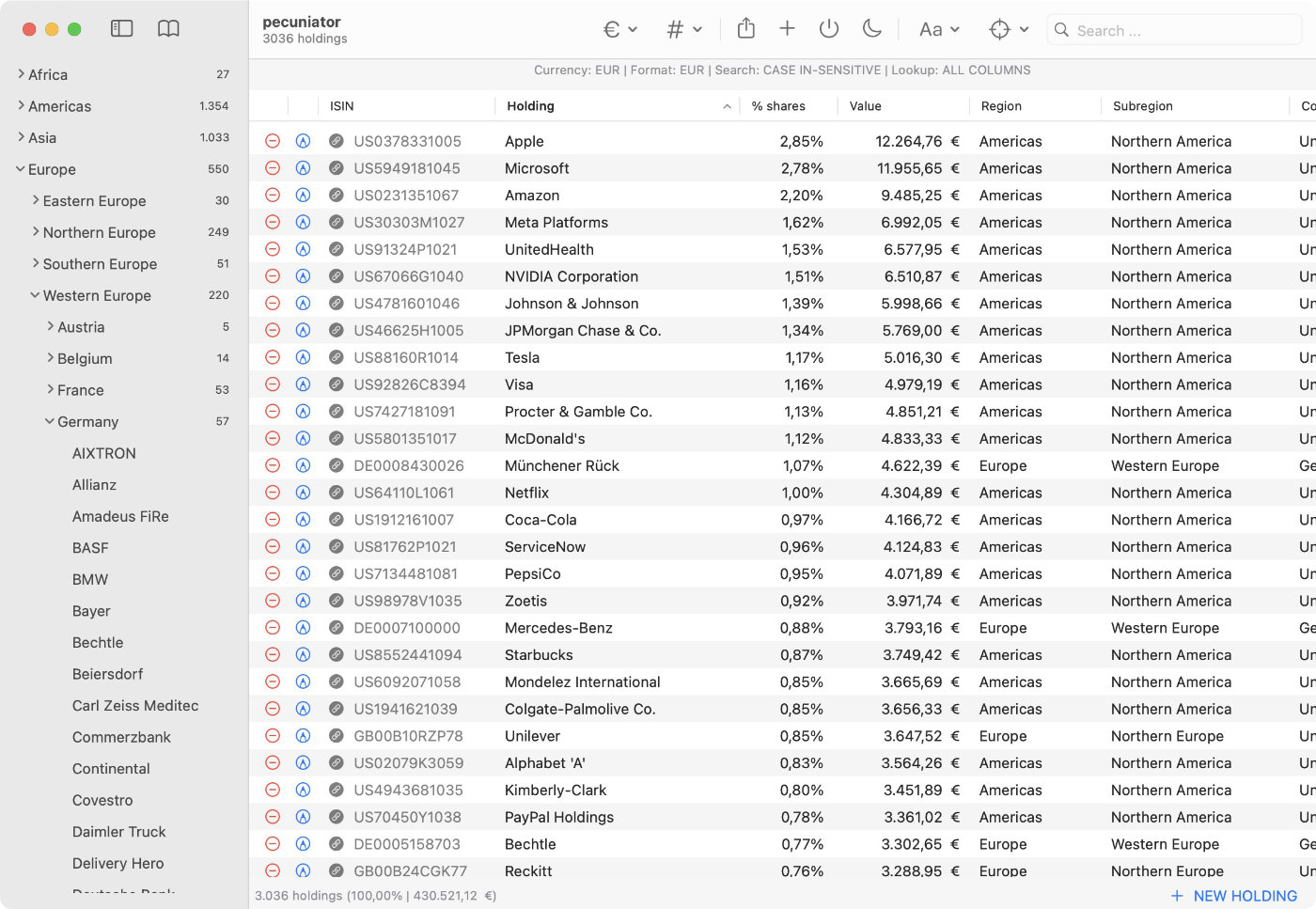 Pecuniator on macOS — Holdings overview