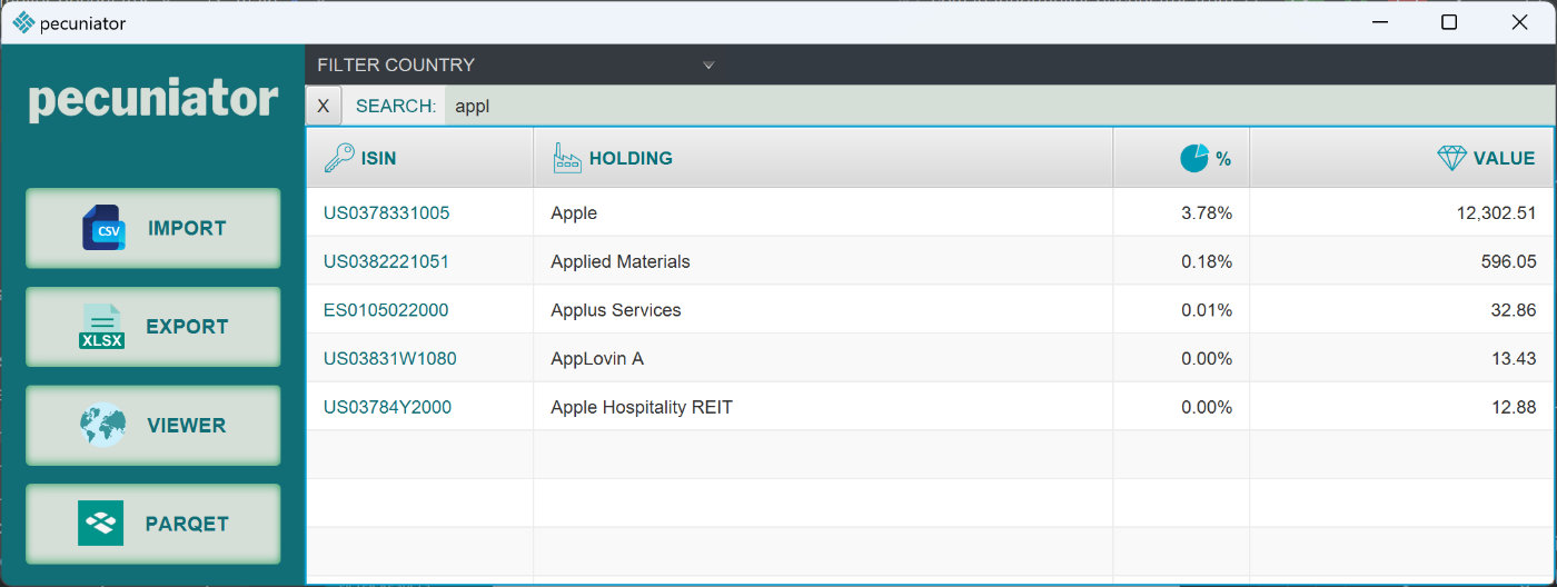 Pecuniator on Windows — Search functionality