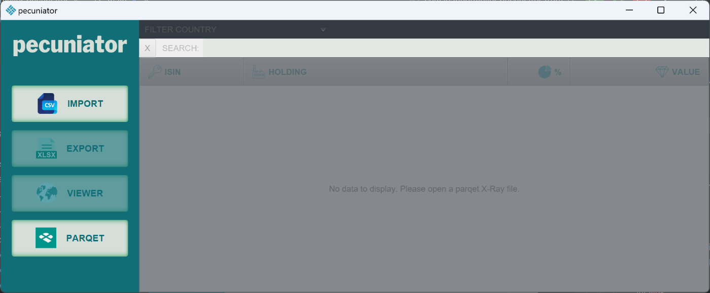 Pecuniator on Windows — Start screen