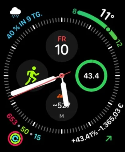PulseFolio complication on an Apple Watch face showing portfolio return