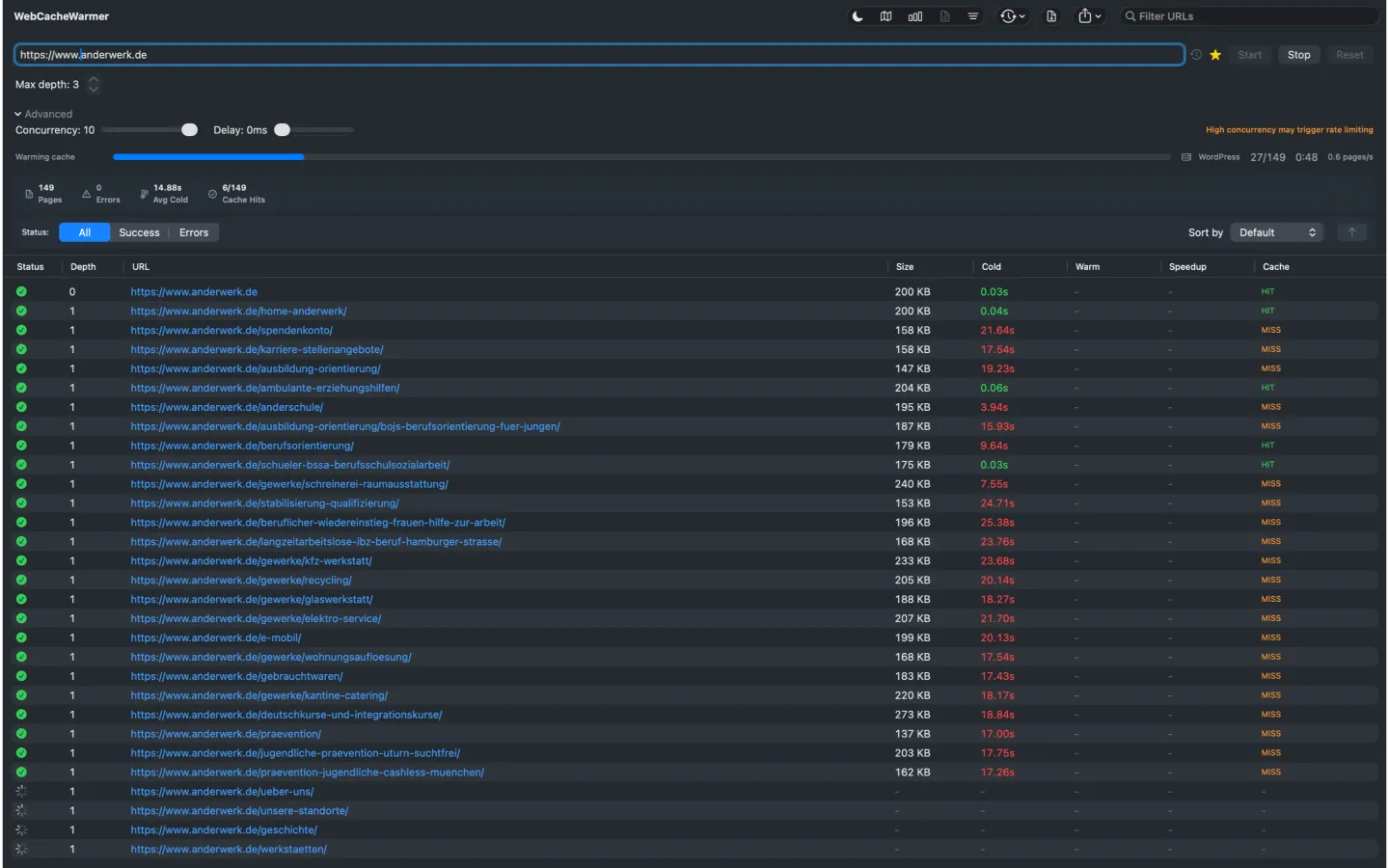 WebCacheWarmer crawl results with response times in dark mode
