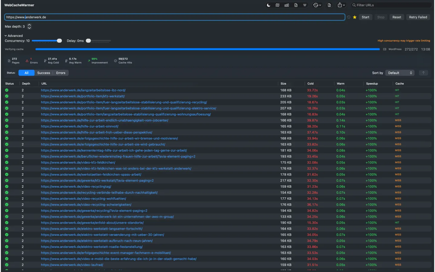 WebCacheWarmer cache warming statistics and verification results